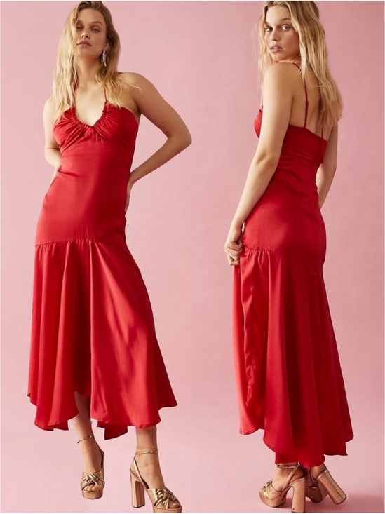 Free People Dresses & Skirts - Free People X DELFI Dia Red Satin Halter Drop Waist Retro Midi Dress Size L NWOT